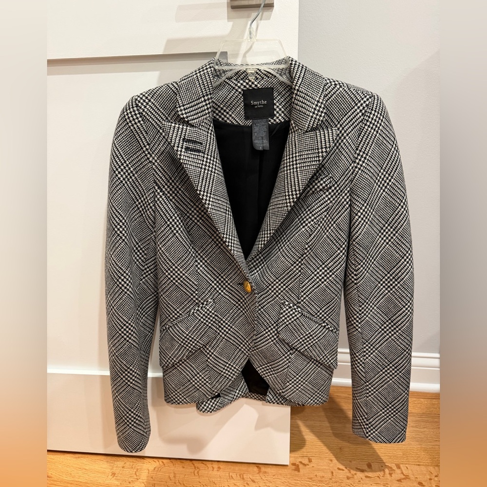 SMYTHE Duchess Wool Elbow Patch Plaid Blazer Size 6 Houndstooth Black White